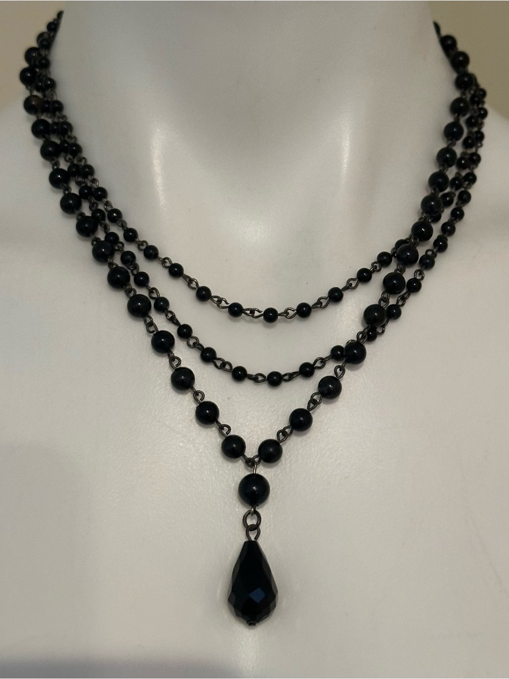 Elegant Black 3 Strand Beaded Necklace Small & Big Beads with Teardrop Pendant